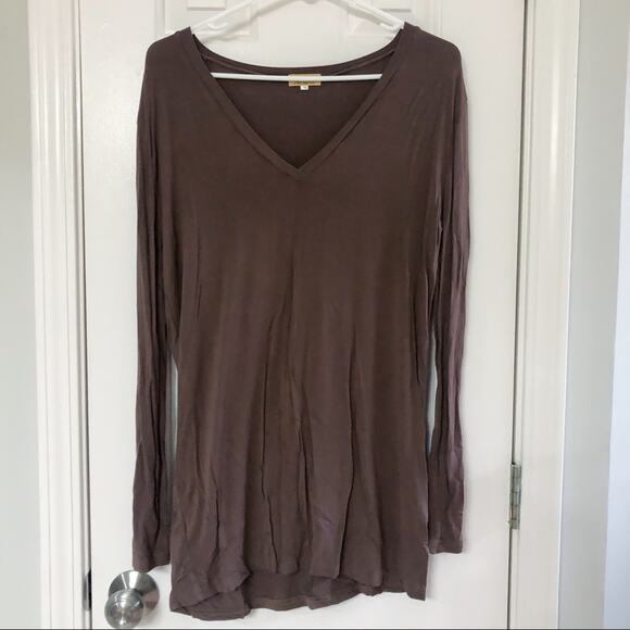 PIKO • V-Neck Long Sleeve Light Brown Tunic Top Shirt - Picture 3 of 4